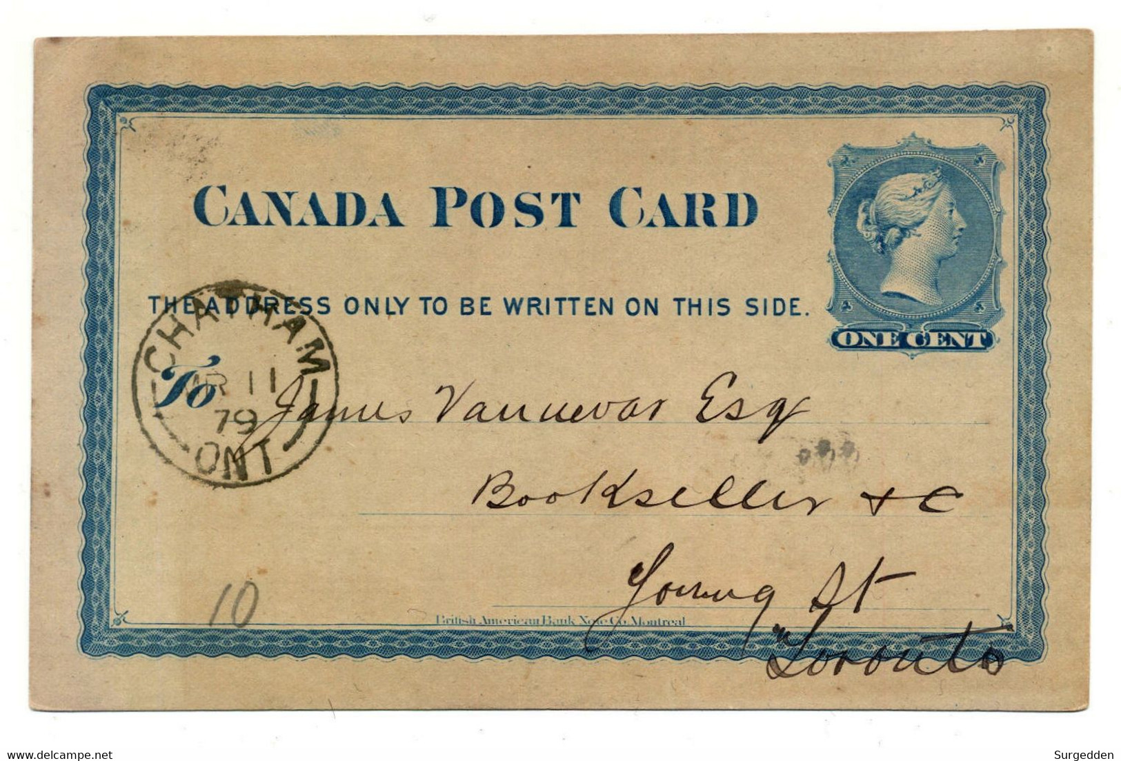 Post Card, Canada, Chatham 1879 Nach Toronto - 1860-1899 Victoria