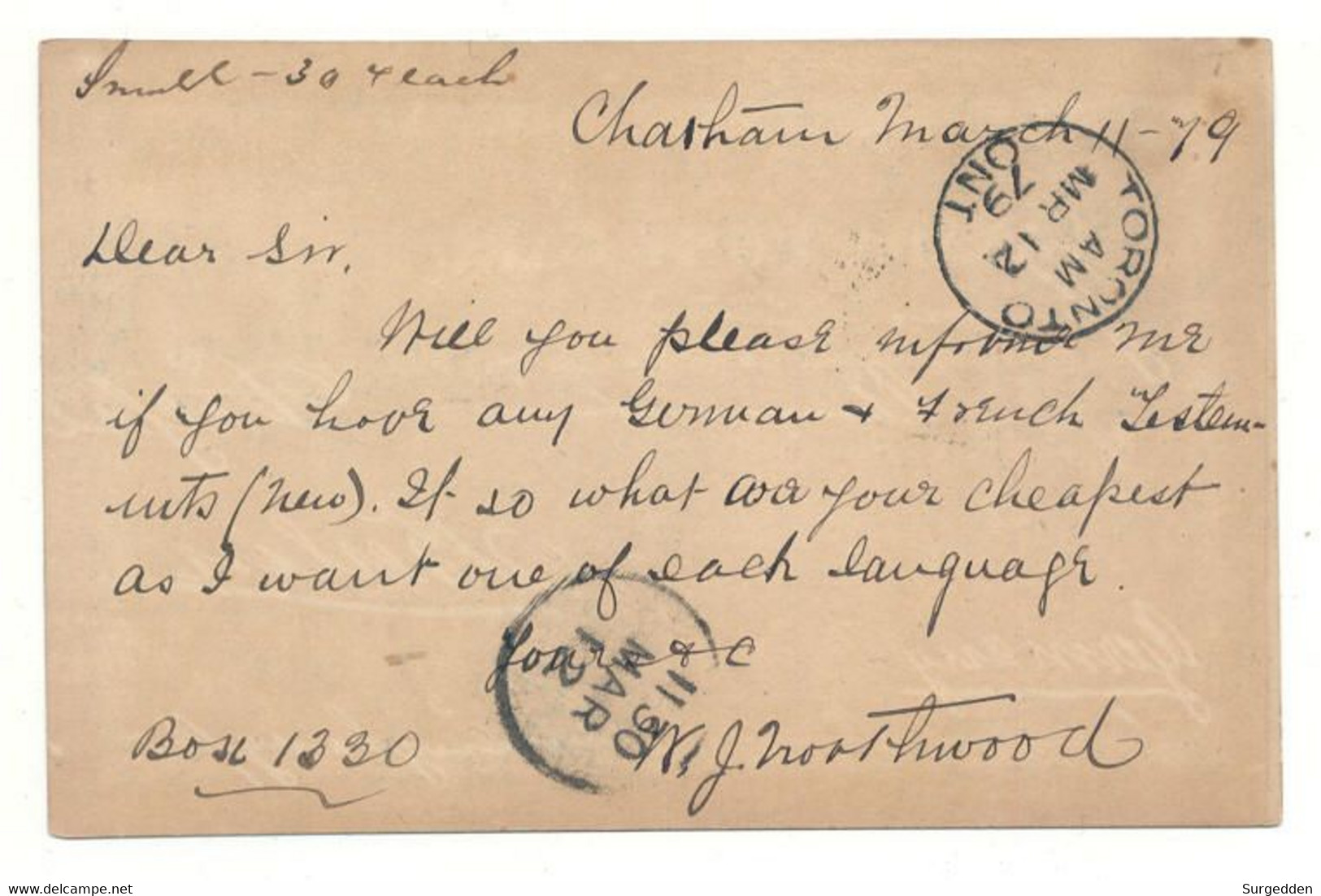 Post Card, Canada, Chatham 1879 Nach Toronto - 1860-1899 Regering Van Victoria