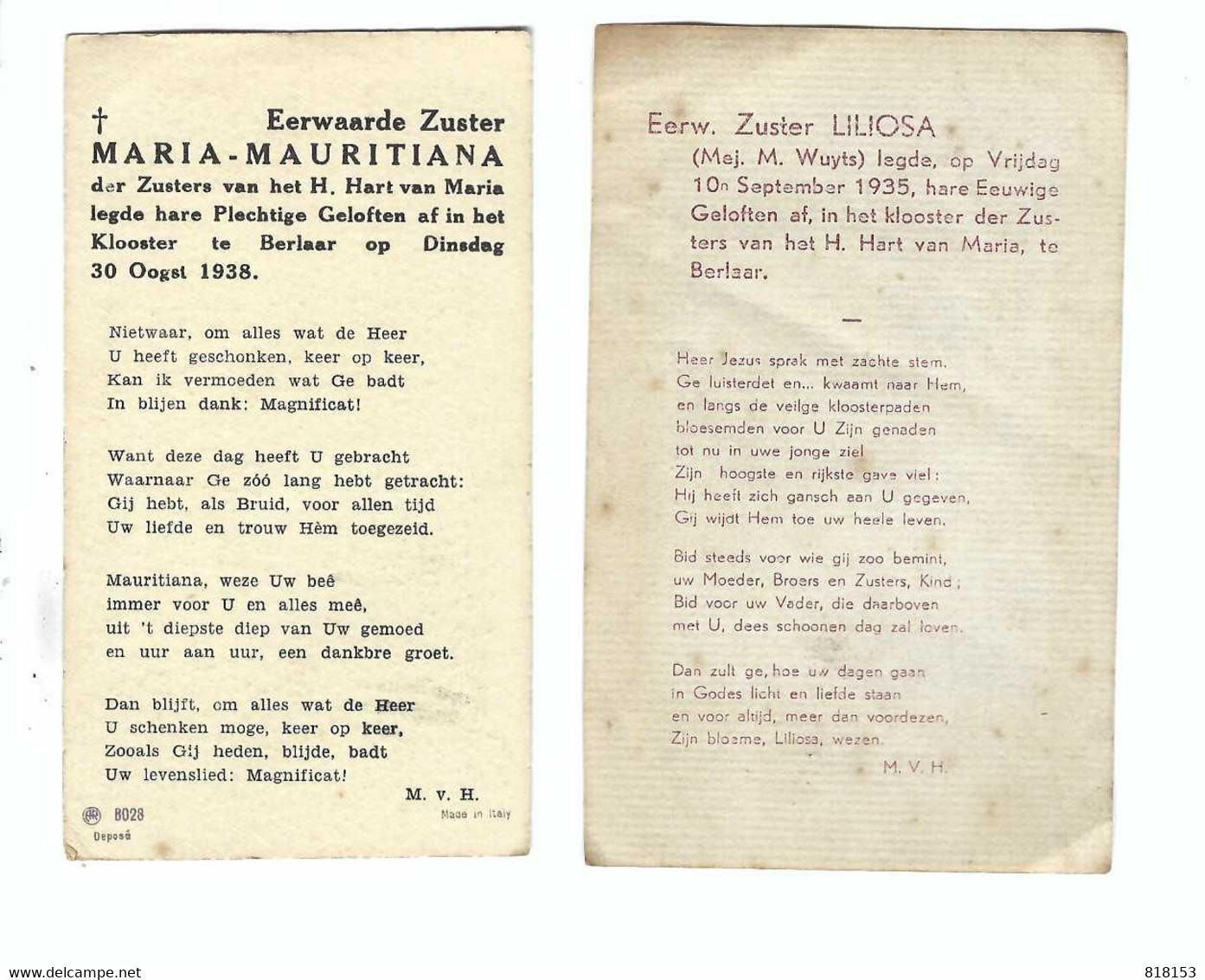 Berlaar   Eerwaarde Zuster MARIA-MAURITANIA En Eerw. Zuster LILIOSA 2 Prentjes - Berlaar