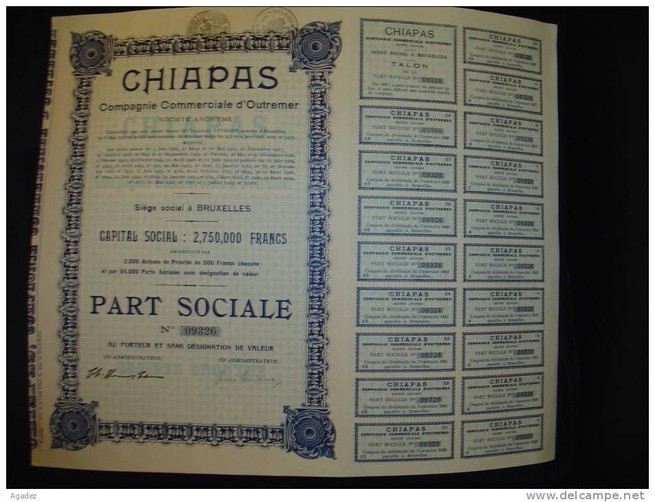 Part Sociale " Chiapas " Cie Commerciale D'outremer (Mexique) Bruxelles 1929 Excellent état,avec Tous Les Coupons.Mexico - Landbouw