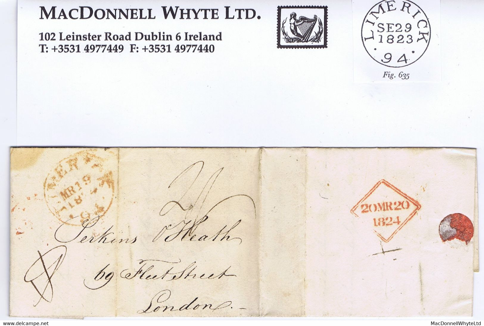 Ireland Limerick 1824 Letter To Perkins & Heath (printers Of Penny Black), Large LIMERICK/94 Town Mileage Cds For MR 19 - Préphilatélie