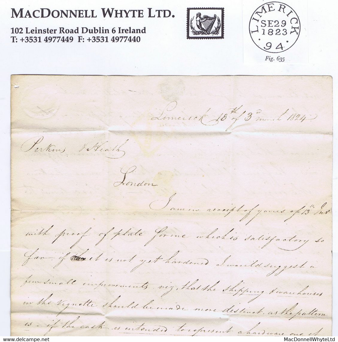 Ireland Limerick 1824 Letter To Perkins & Heath (printers Of Penny Black), Large LIMERICK/94 Town Mileage Cds For MR 19 - Préphilatélie