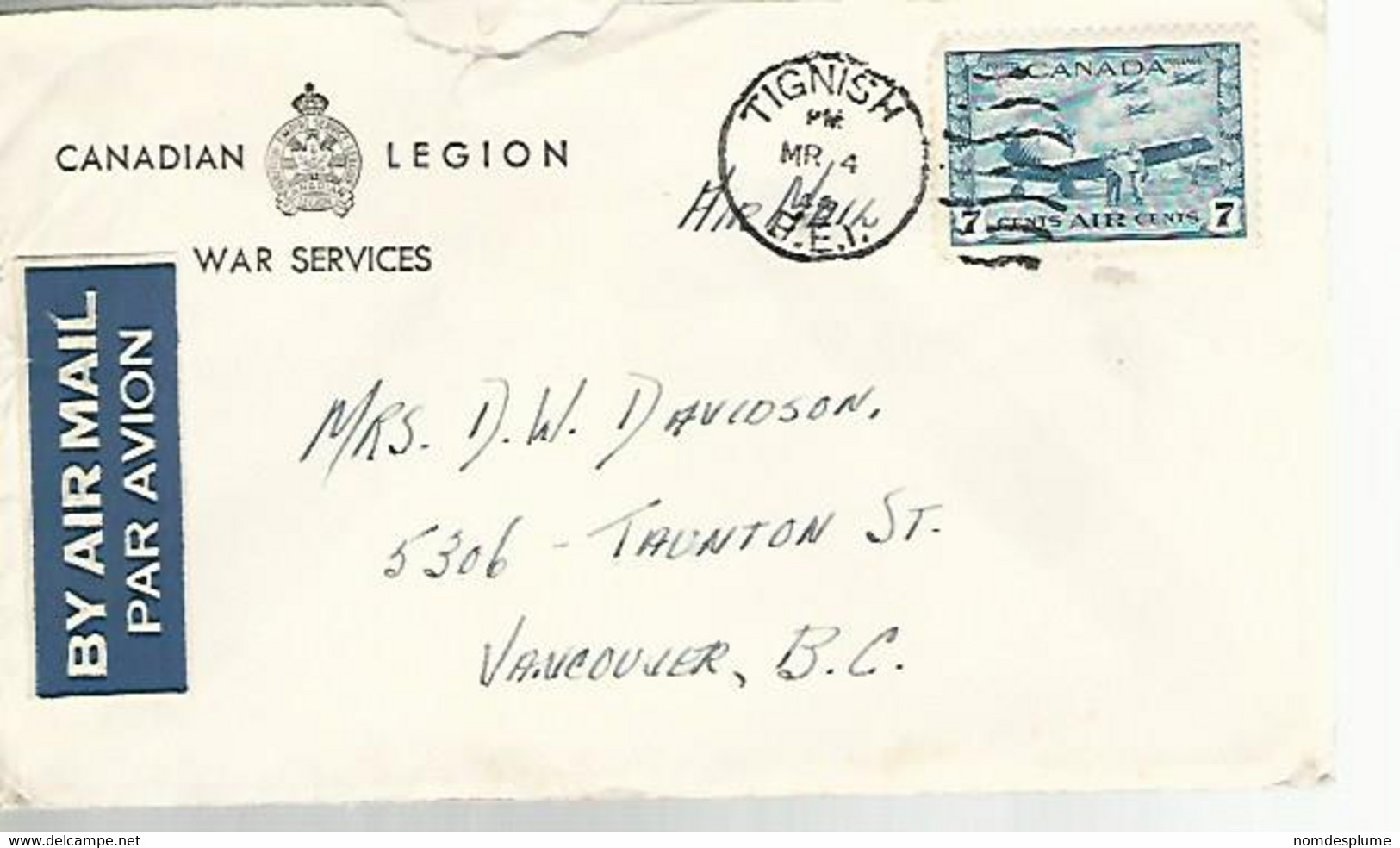 57763) Canada Air Mail War Services Military Mail Tignish 1944 Postmark Cancel Duplex - Airmail
