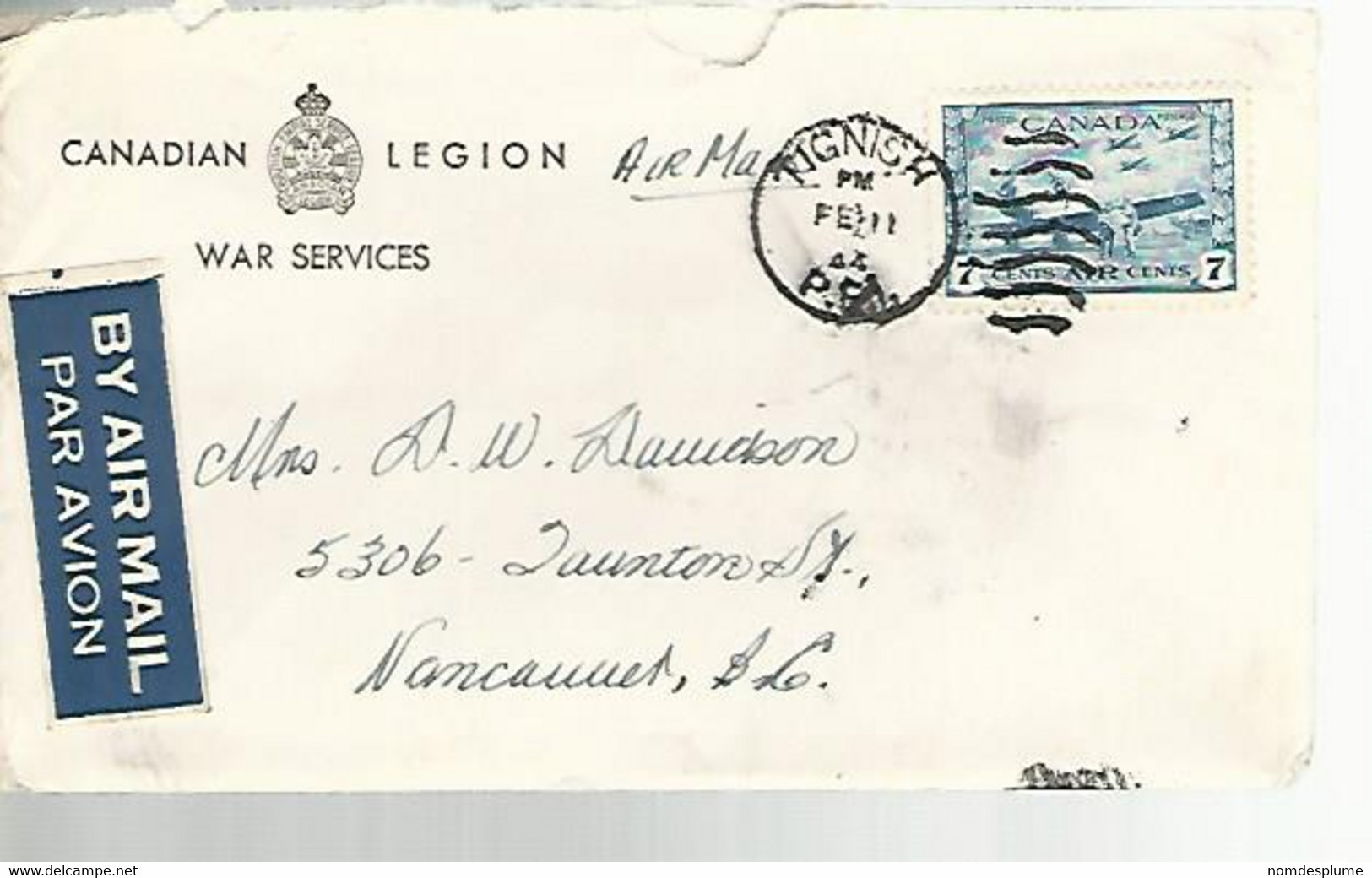 57764) Canada Air Mail War Services Military Mail Tignish 1944 Postmark Cancel Duplex - Luchtpost