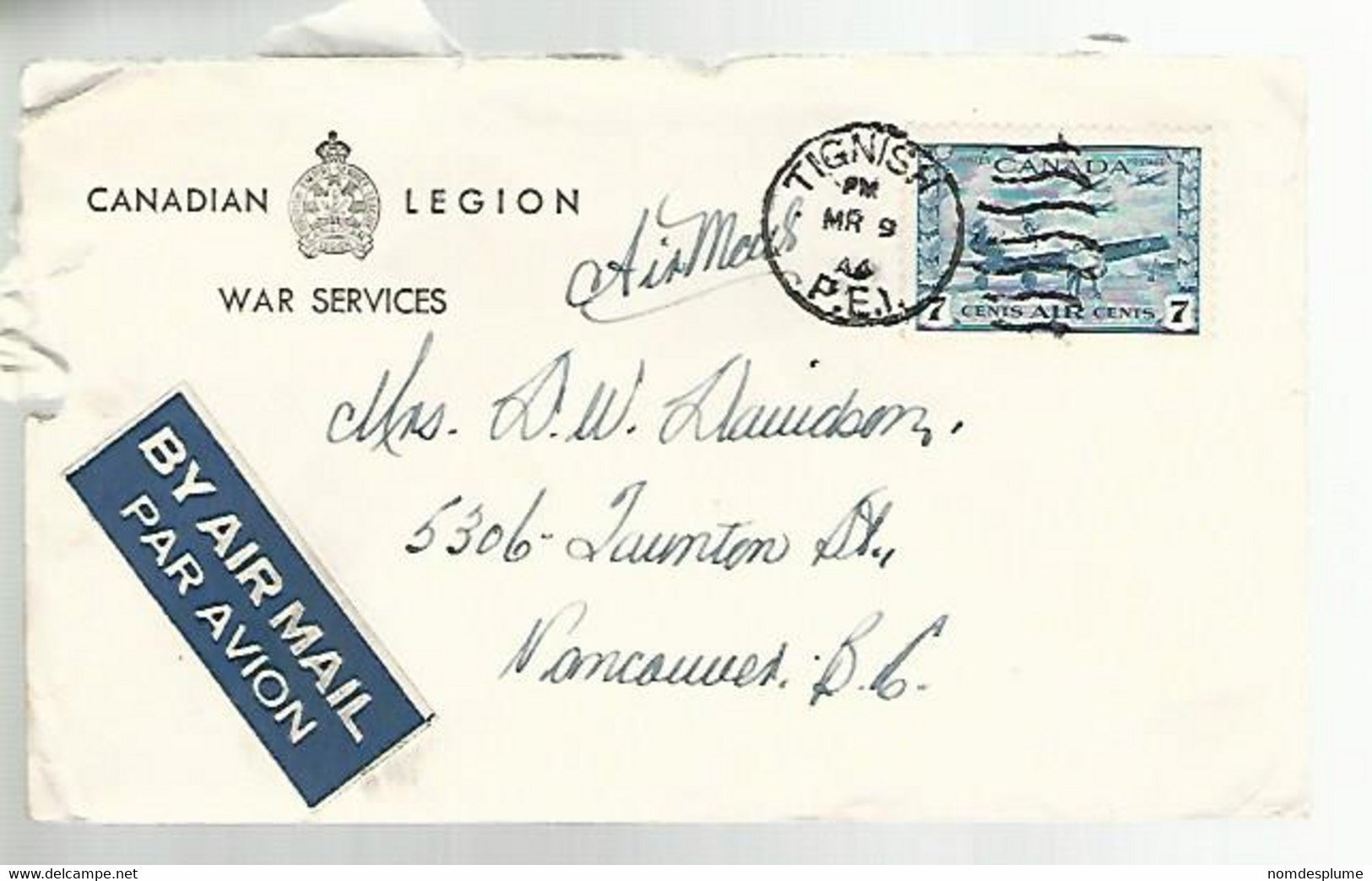 57765) Canada Air Mail War Services Military Mail Tignish 1944 Postmark Cancel Duplex - Airmail