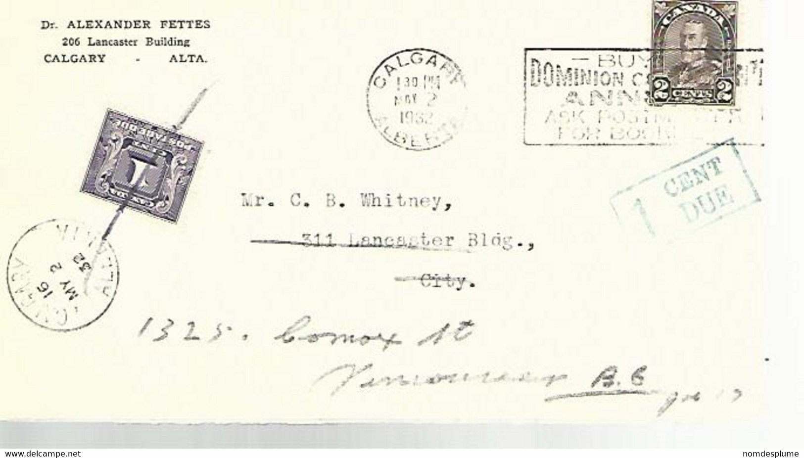 57774) Canada Calgary 1932 Postmark Cancel Postage Due Front Only - Portomarken