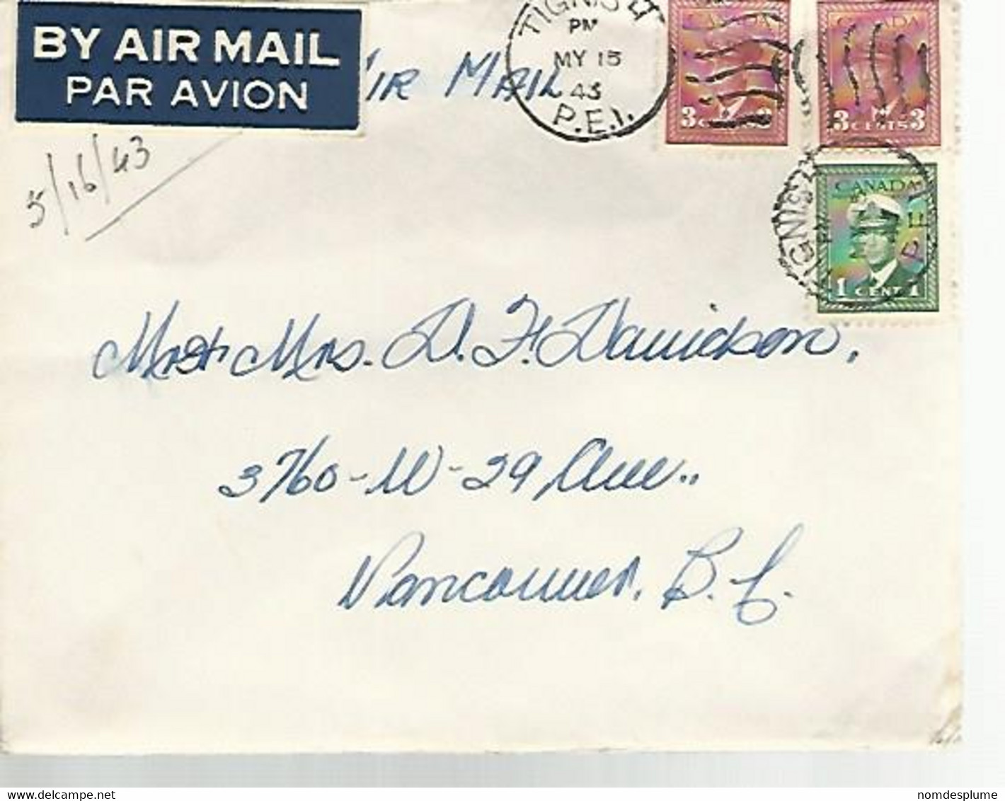 57775) Canada Tignish 1943 Postmark Cancel Air Mail R.C.A.F Military Mail - Poste Aérienne