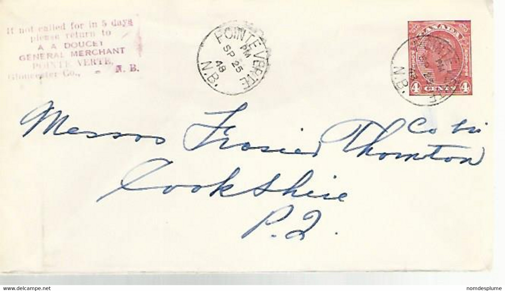 57776) Canada Pointe Verte 1948 Postmark Cancel Closed Post Office - 1903-1954 Rois