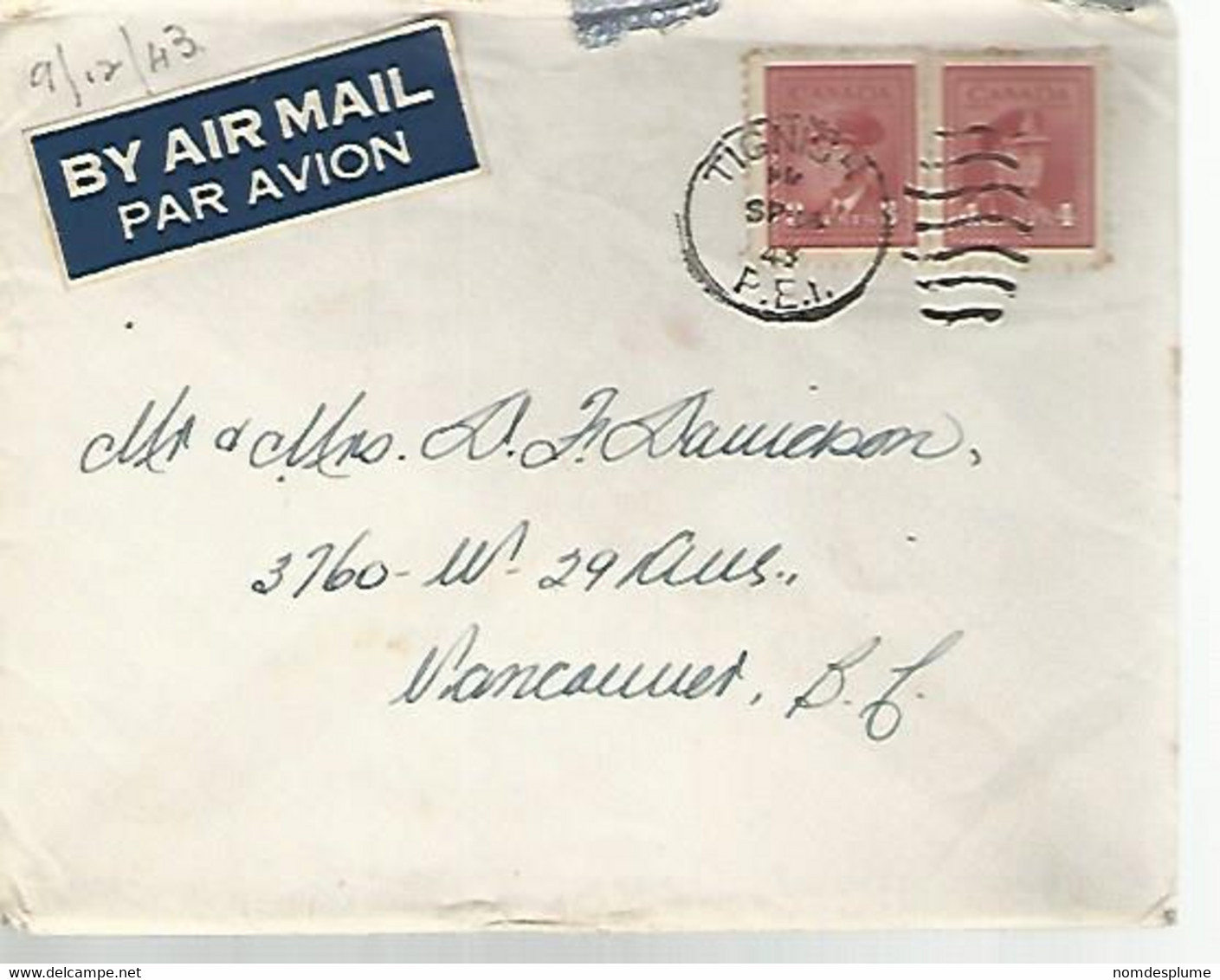 57777) Canada Tignish 1943 Postmark Cancel Duplex Air Mail Military Mail R.C.A.F. - Poste Aérienne