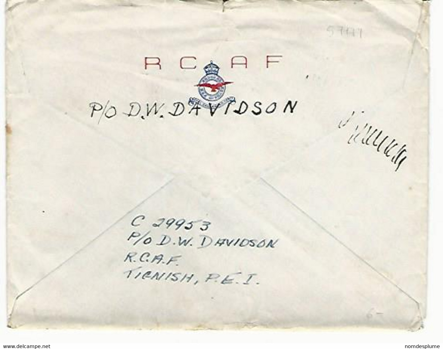 57777) Canada Tignish 1943 Postmark Cancel Duplex Air Mail Military Mail R.C.A.F. - Luftpost