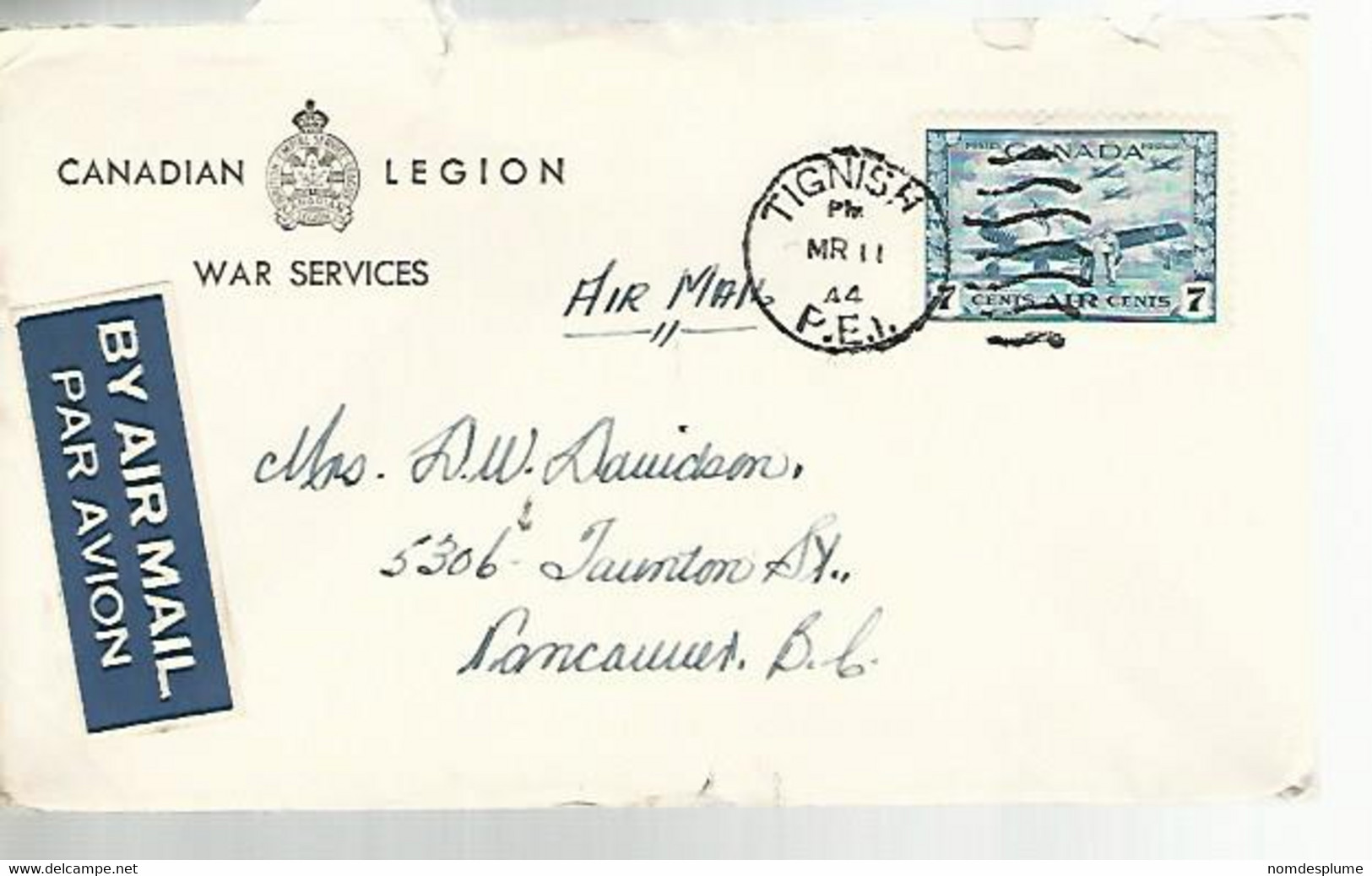 57780) Canada Tignish 1944 Postmark Cancel Duplex Air Mail Military Mail War Services - Airmail