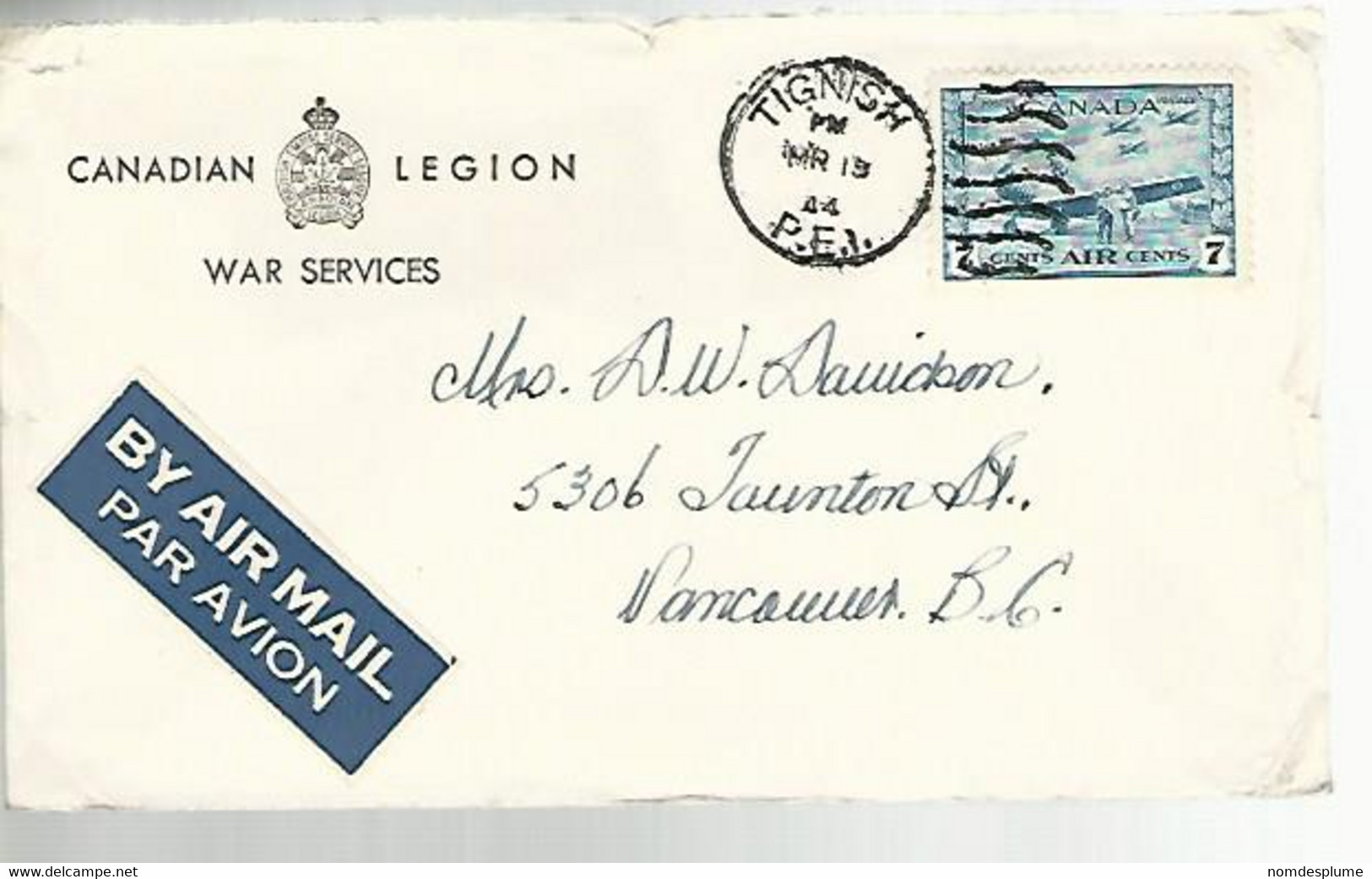 57781) Canada Tignish 1944 Postmark Cancel Duplex Air Mail Military Mail War Services - Airmail