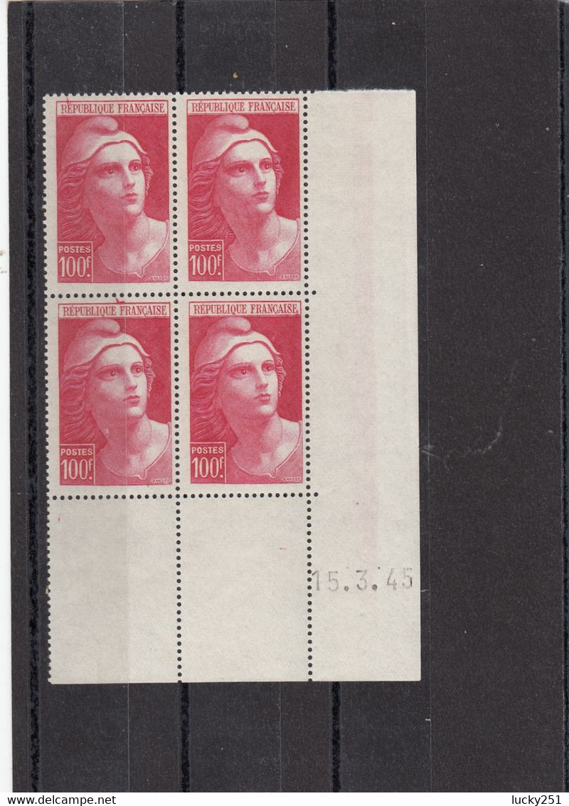 France - 15/03/45 - Neuf** - N°YT 733** - Coin Daté - Marianne De Gandon - 100fr Carmin - 1940-1949