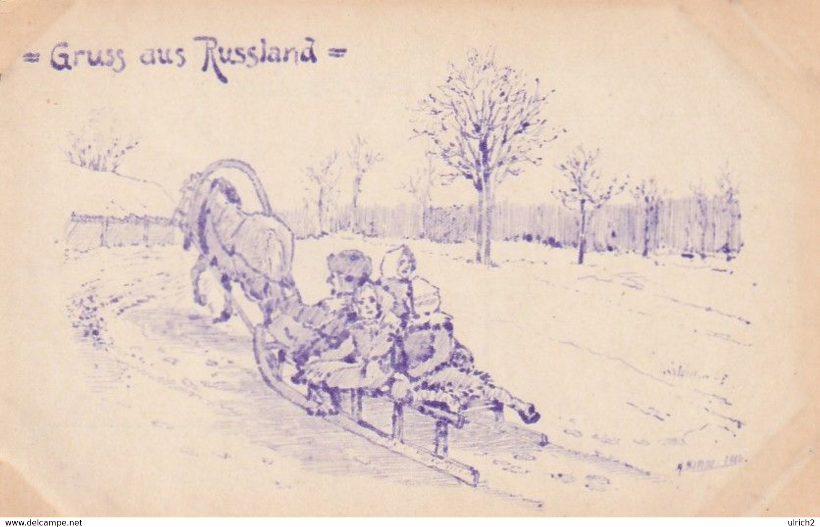 AK Gruss Aus Russland - Familie Auf Pferdeschlitten - Künstlerkarte - Ca. 1915  (63325) - Europe