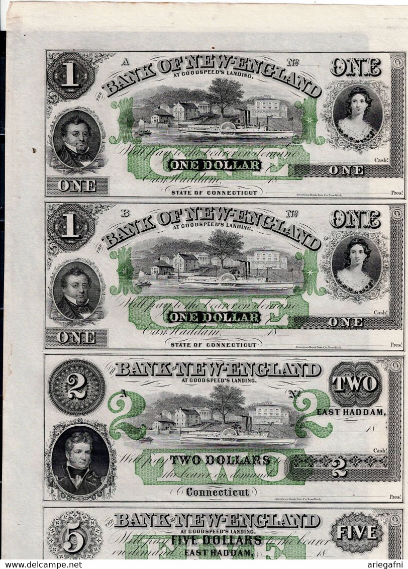 NQC East Haddam, CT - Bank Of New England 18__ $1-$1-$2-$5 Uncut Sheet - VF!! - Confederate (1861-1864)