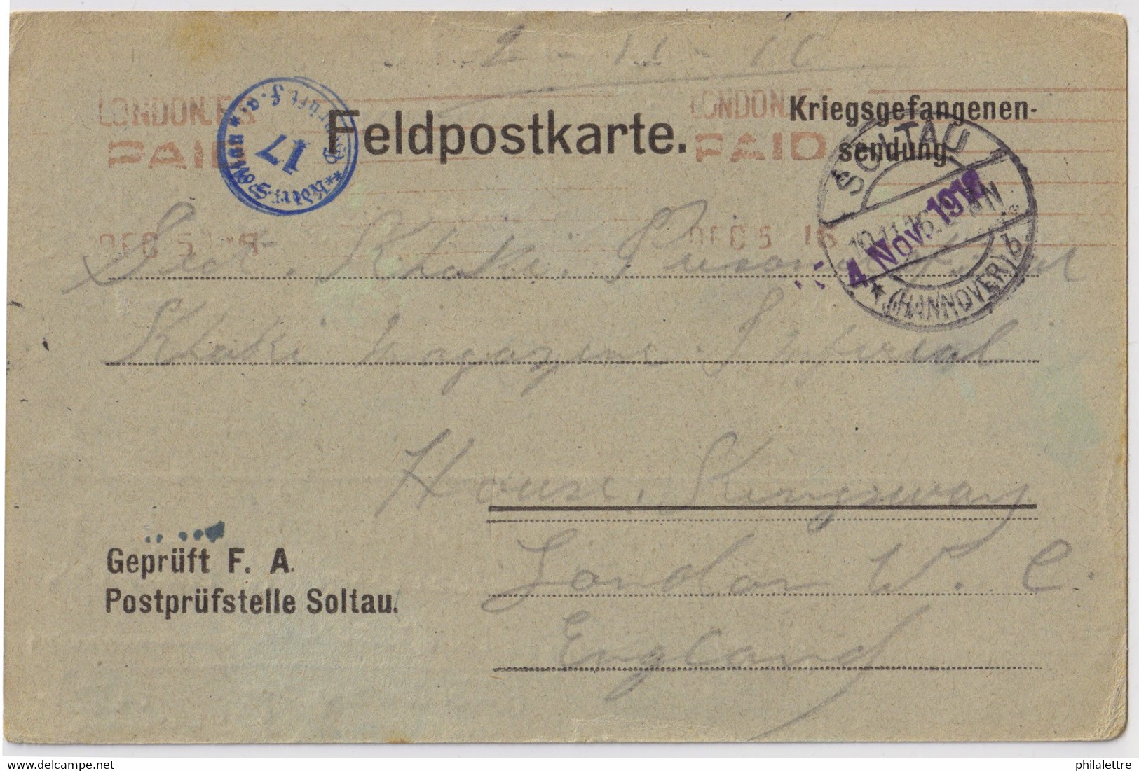 ALLEMAGNE / DEUTSCHLAND - 1916 Kgf-Postkarte Aus Lager SOLTAU (SÜD EDEWECHTER MOOR, WESTERSTEDE) Nach Grossbritannien - Covers & Documents