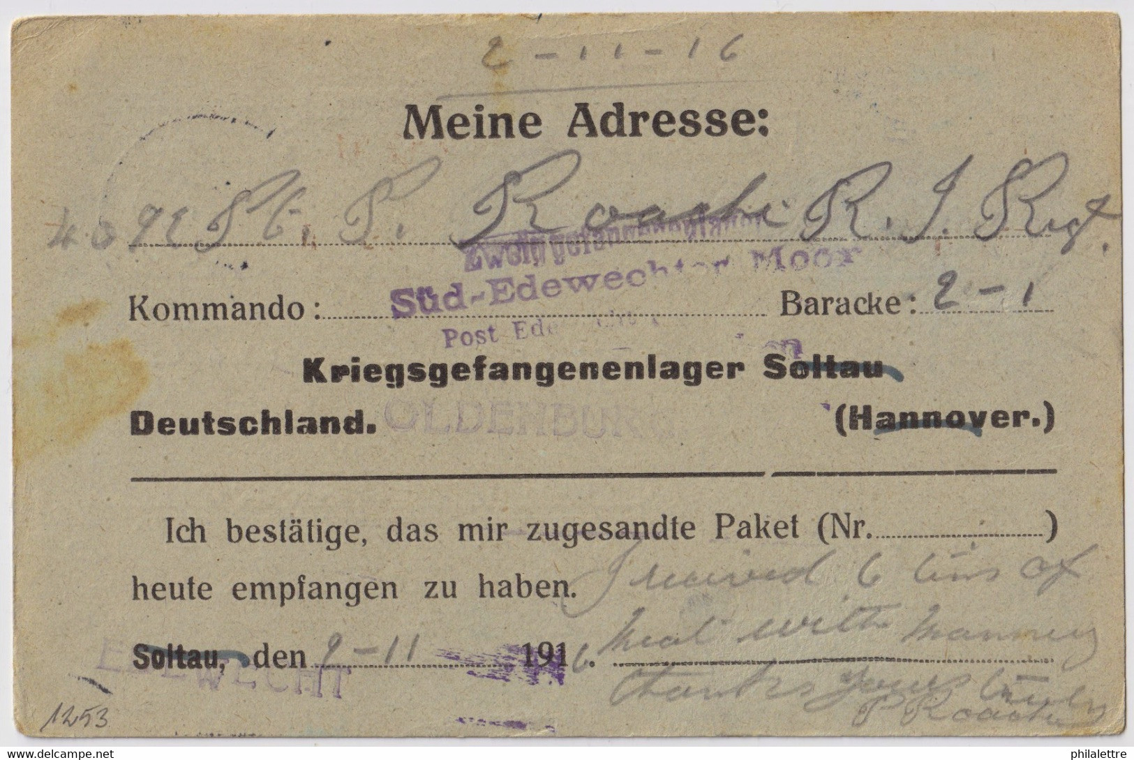 ALLEMAGNE / DEUTSCHLAND - 1916 Kgf-Postkarte Aus Lager SOLTAU (SÜD EDEWECHTER MOOR, WESTERSTEDE) Nach Grossbritannien - Covers & Documents
