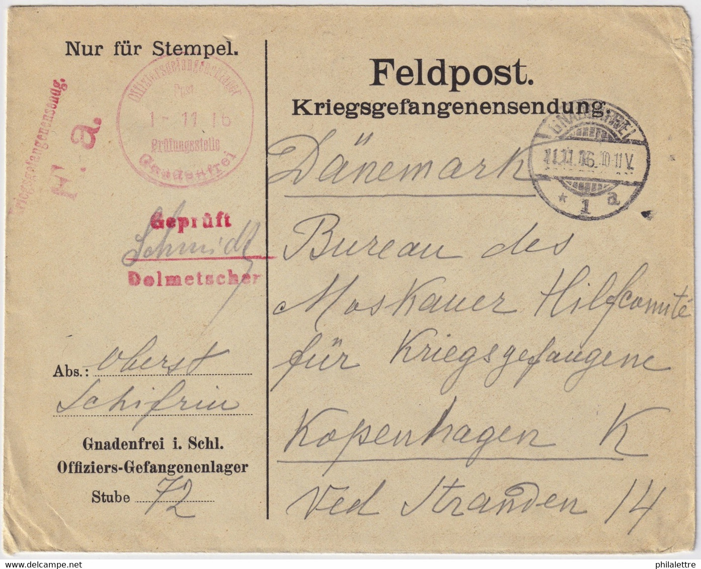 ALLEMAGNE / DEUTSCHLAND - 1916 Kgf-Umschlag Aus Oflag GNADENFREI I. SCHLESIEN Nach Dänemark - Cartas & Documentos