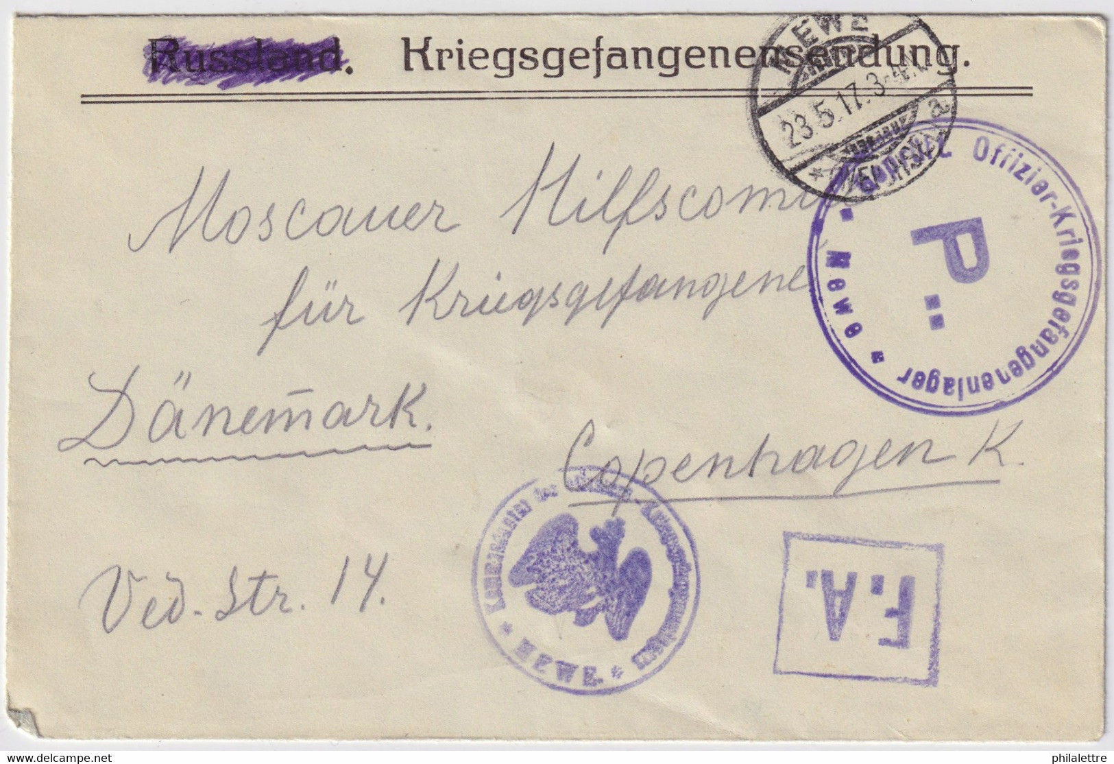 ALLEMAGNE / DEUTSCHLAND - 1917 Kgf-Umschlag Aus Oflag MEWE Nach Dänemark - Brieven En Documenten
