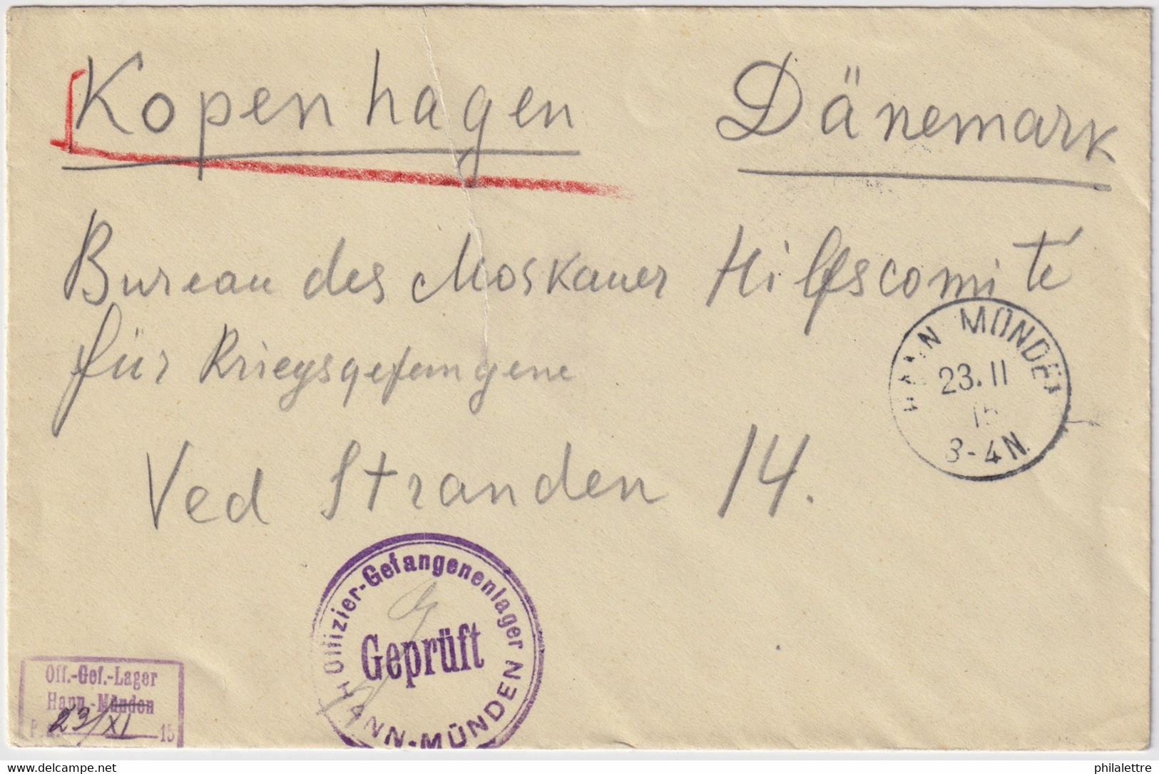 ALLEMAGNE / DEUTSCHLAND - 1915 Kgf-Umschlag Aus Oflag HANN MÜNDEN Nach Dänemark - Lettres & Documents