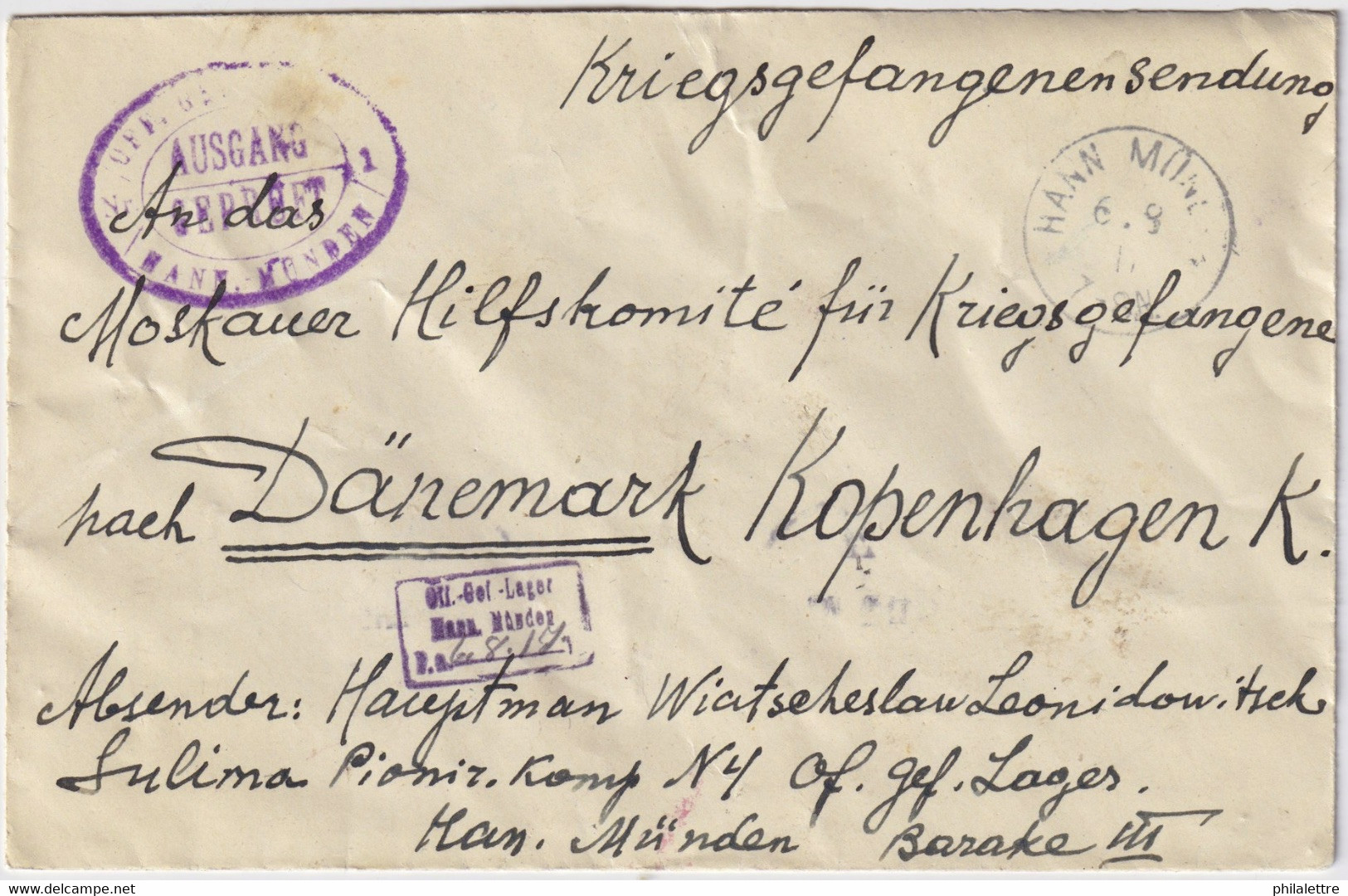 ALLEMAGNE / DEUTSCHLAND - 1917 Kgf-Umschlag Aus Oflag HANN MÜNDEN Nach Dänemark - Covers & Documents