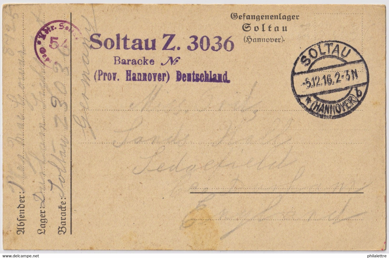 ALLEMAGNE / DEUTSCHLAND - 1916 Kgf-Postkarte Aus Lager SOLTAU Z.3036 Nach Grossbritannien - Covers & Documents
