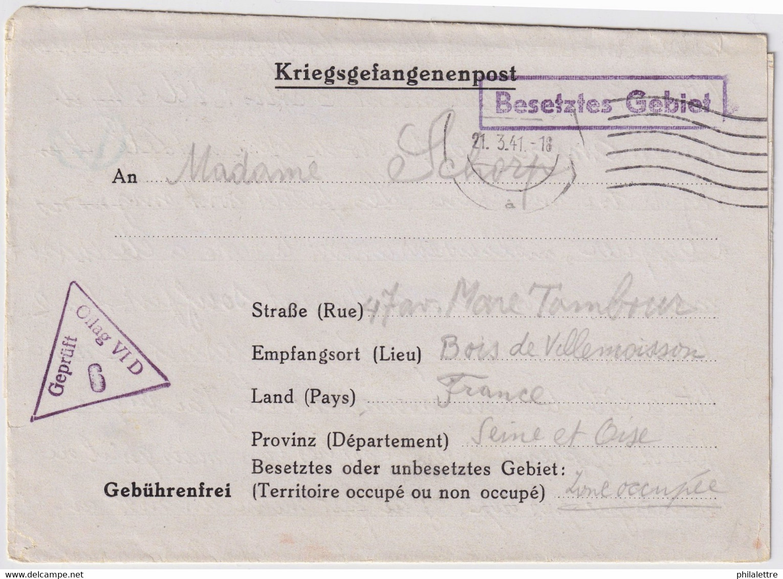 ALLEMAGNE / DEUTSCHLAND - 1941 - Kriegsgefangenen Brief Aus OFLAG VID (Münster) Nach Frankreich - Cartas & Documentos