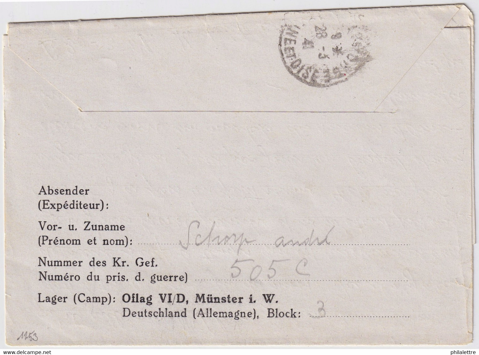 ALLEMAGNE / DEUTSCHLAND - 1941 - Kriegsgefangenen Brief Aus OFLAG VID (Münster) Nach Frankreich - Cartas & Documentos