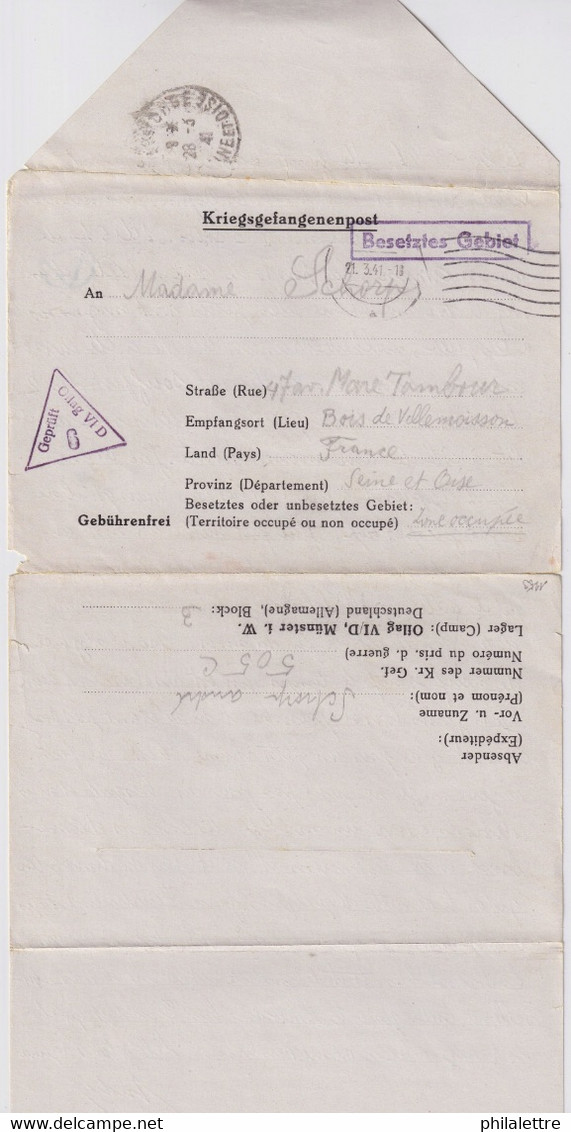 ALLEMAGNE / DEUTSCHLAND - 1941 - Kriegsgefangenen Brief Aus OFLAG VID (Münster) Nach Frankreich - Storia Postale