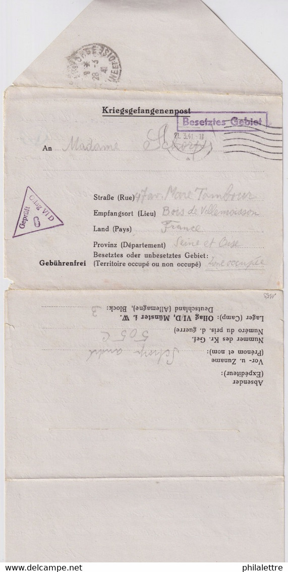 ALLEMAGNE / DEUTSCHLAND - 1941 - Kriegsgefangenen Brief Aus OFLAG VID (Münster) Nach Frankreich - Lettres & Documents