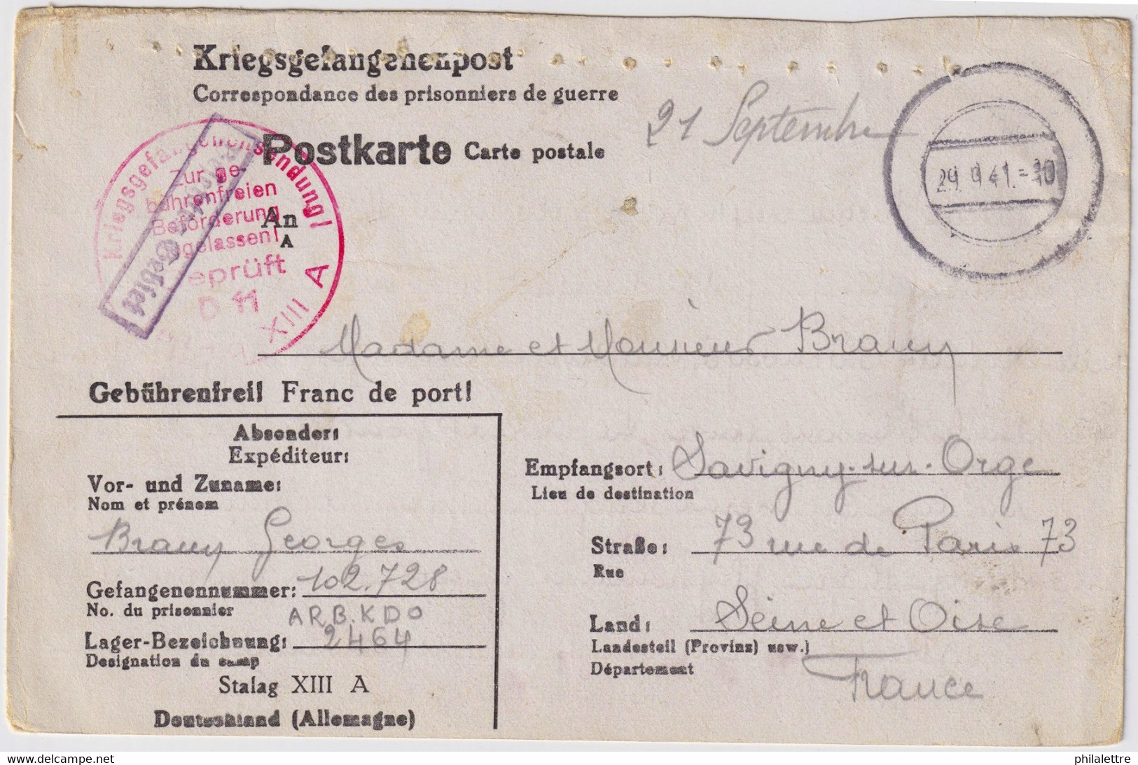 ALLEMAGNE / DEUTSCHLAND - 1941 - Kriegsgefangenen Postkarte Aus STALAG XIIIA (Sulzbach) Nach Frankreich - Cartas & Documentos