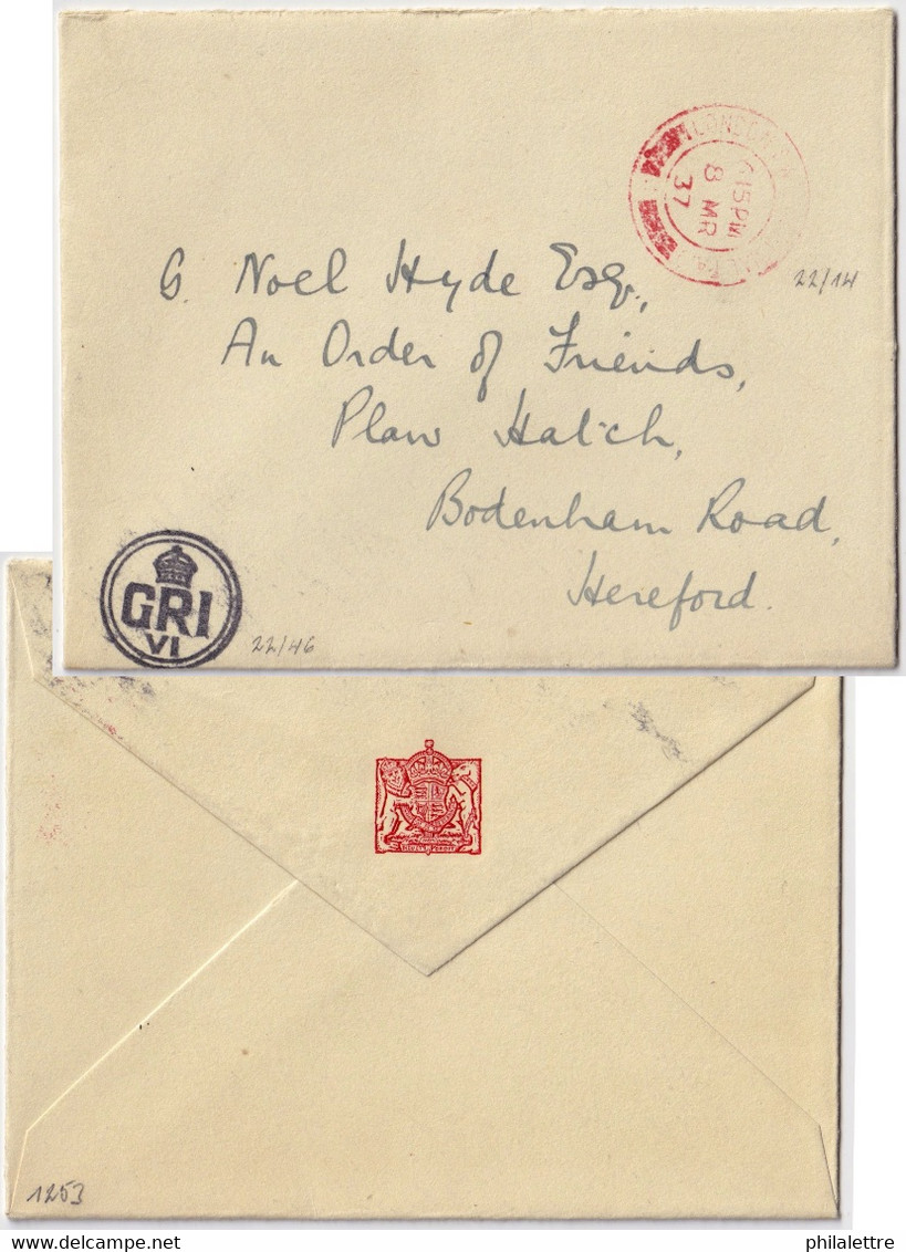 GREAT BRITAIN - 1937 Cover Bearing The 1st Royal Cachet Of King George VI ("GRI VI" - Type 22/46) Addressed To Hereford - Covers & Documents