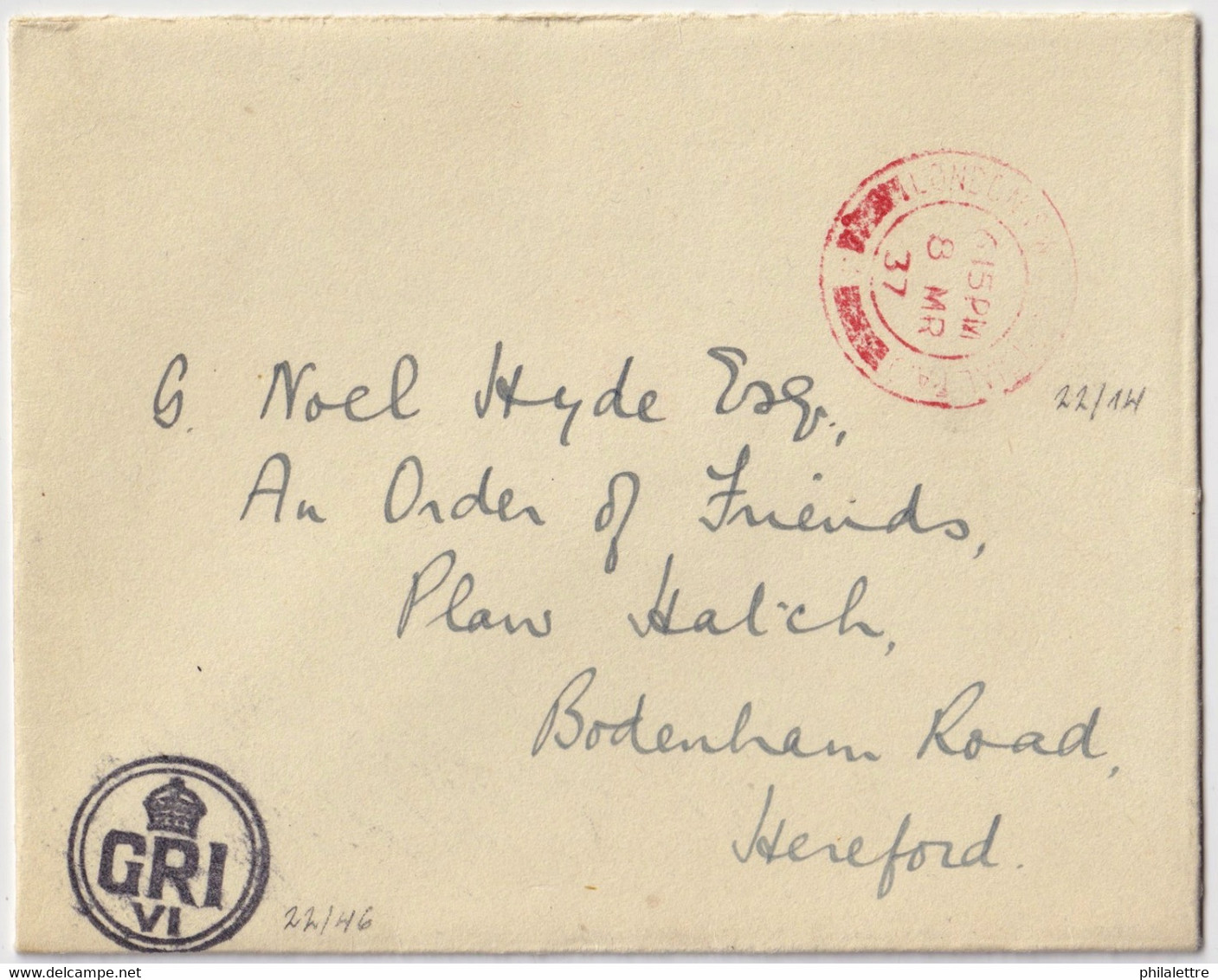 GREAT BRITAIN - 1937 Cover Bearing The 1st Royal Cachet Of King George VI ("GRI VI" - Type 22/46) Addressed To Hereford - Briefe U. Dokumente