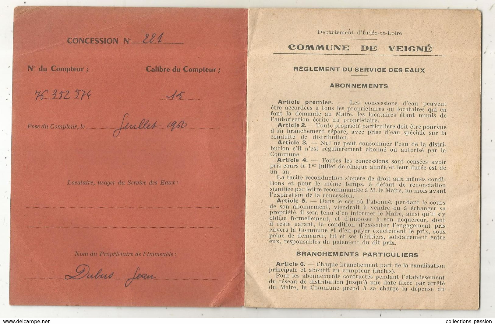 REGLEMENT DES SERVICES DES EAUX, VEIGNE, Indre Et Loire,  1960 , 8 Pages, 3 Scans , Frais Fr 1.95 E - Ohne Zuordnung