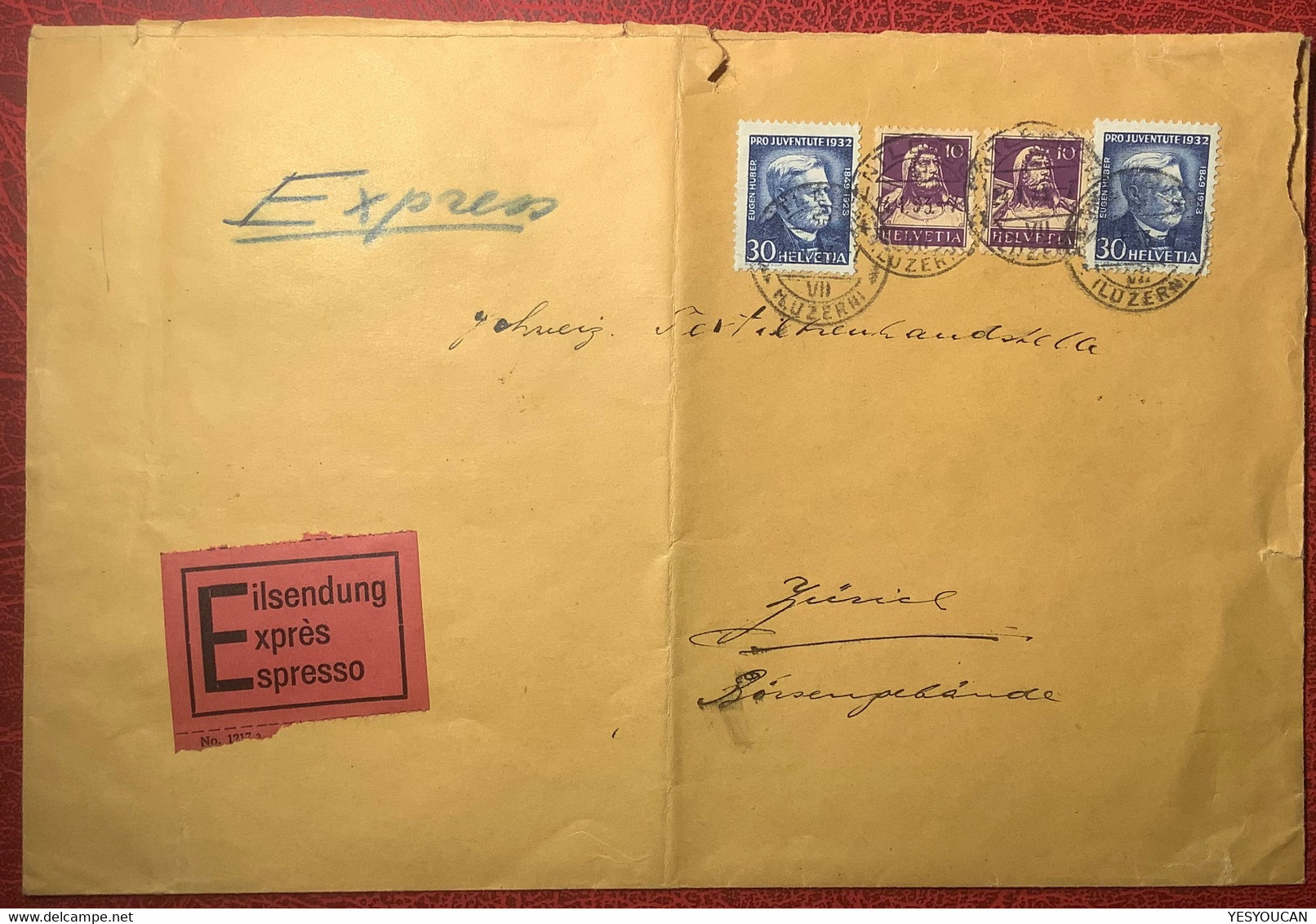 "EILSENDUNG/EXPRÈS/ESPRESSO" SELTENER GROSSER ! Express-Zettel Brief P.J64 1932 ENTLEBUCH LUZERN 1933 (Schweiz - Covers & Documents