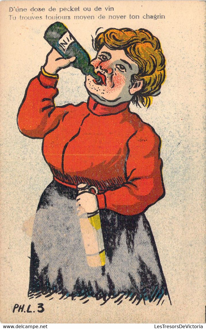 HUMOUR - Femme Alcoolique - Pecket  - Illustration Signée PH L 3 - Carte Postale Ancienne - Humour