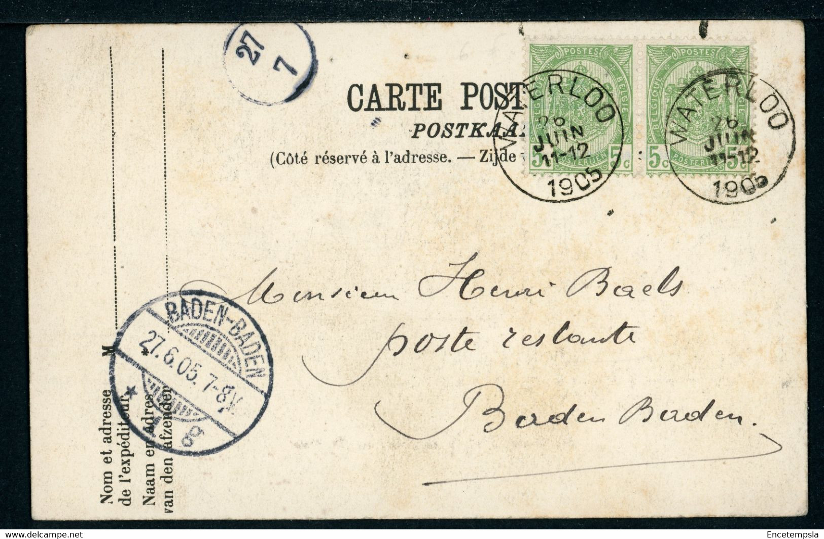 Carte Postale Adressée à HENRI BAELS Ou ANNA DEVISSCHER - Belgique - Waterloo - L'Aigle Expirant De Gérôme (CP22340OK) - Waterloo