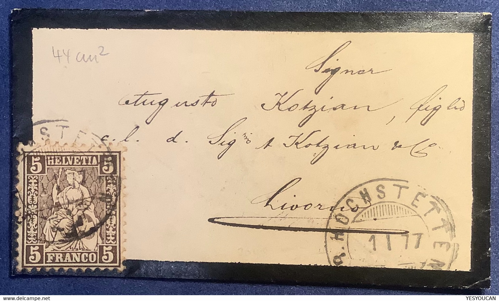 BRIEFLI #30 GR.HOCHSTETTEN 1877 BE Brief>LIVORNO,ITALIA. LETTRE MINIATURE   (Schweiz 1862 Mini Mourning Cover - Cartas & Documentos