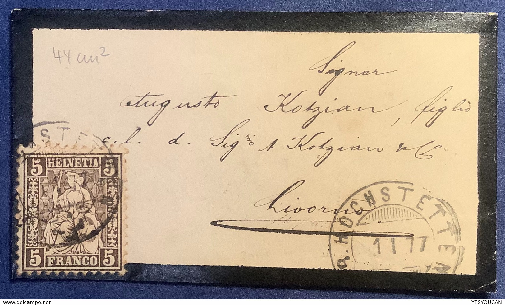 BRIEFLI #30 GR.HOCHSTETTEN 1877 BE Brief>LIVORNO,ITALIA. LETTRE MINIATURE   (Schweiz 1862 Mini Mourning Cover - Storia Postale