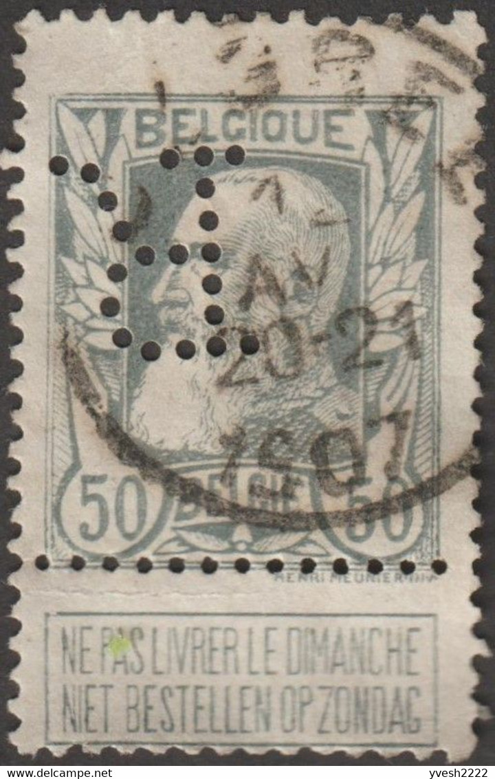 Belgique 1907 COB 78. Léopold II 50 C, Oblitération Ougrée (?), Perforé à L'envers Et En Oblique R - 1863-09