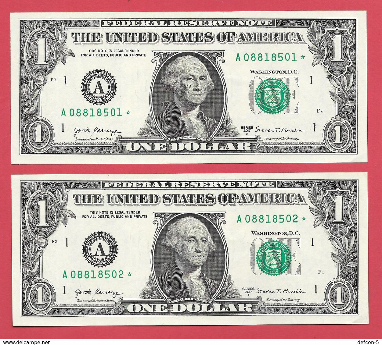 Rarität ! STAR-Note: 2x 1 US-Dollar Fortlaufend [2017] > A08818501* Bis ...02* < 3. Lauf Mit 3.200.000 {$047-001} - National Currency