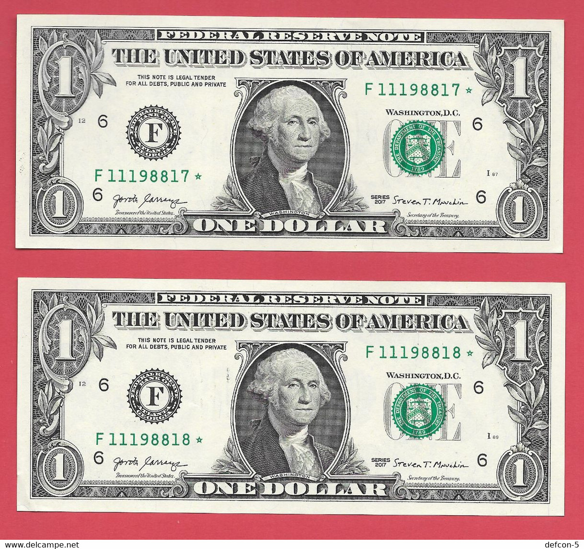 Rarität ! STAR-Note: 2x 1 US-Dollar Fortlaufend [2017] > F11198817* Bis ...18* < 4. Lauf Mit 3.200.000 {$048-001} - National Currency