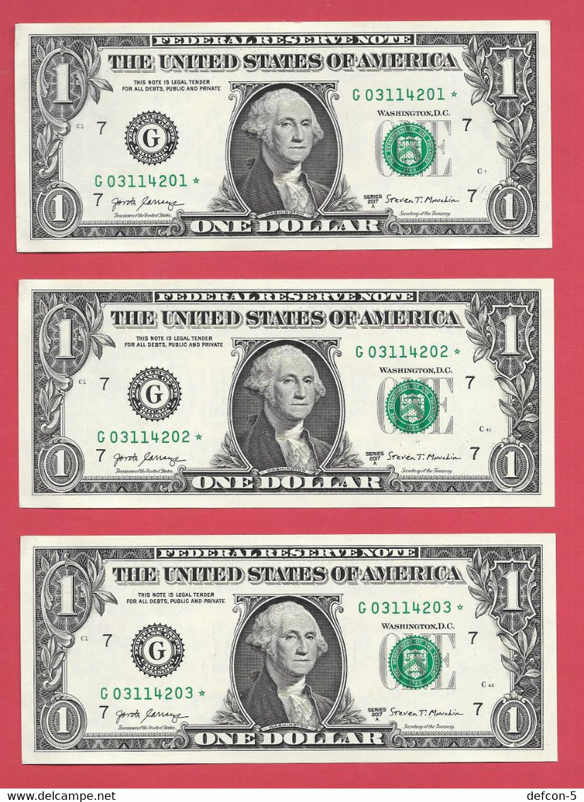 Rarität ! STAR-Note: 3x 1 US-Dollar Fortlaufend [2017] > G03114201* Bis ...03* < 1. Lauf Mit 3.200.000 {$054-001} - Devise Nationale