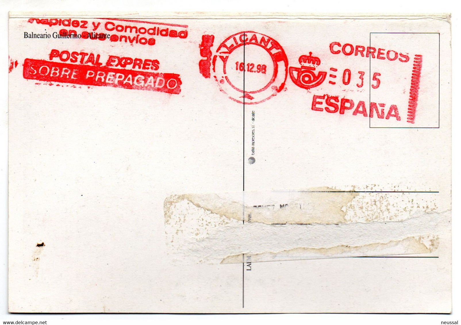 Tarjeta Postal  Moderna Con Matasellos Rojo De Alicante De 1998 - Postage Free