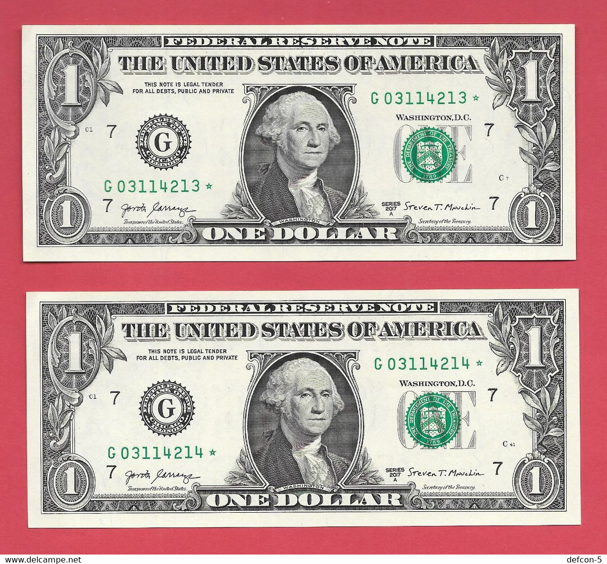 Rarität ! STAR-Note: 2x 1 US-Dollar Fortlaufend [2017] > G03114213* Bis ...14* < 1. Lauf Mit 3.200.000 {$055-001} - National Currency