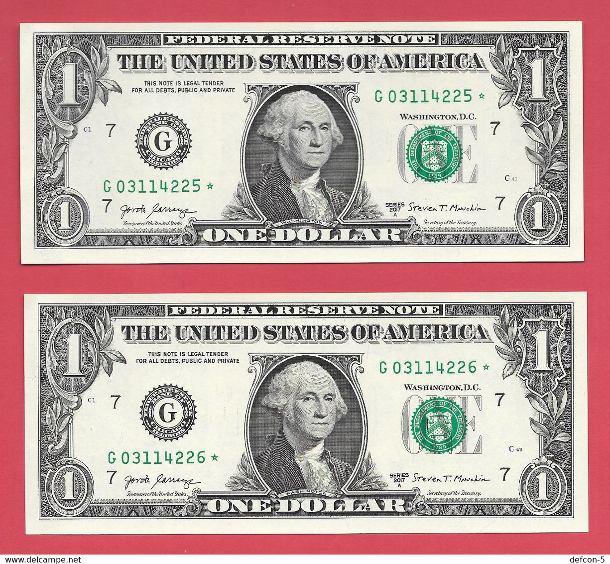 Rarität ! STAR-Note: 2x 1 US-Dollar Fortlaufend [2017] > G03114225* Bis ...26* < 1. Lauf Mit 3.200.000 {$057-001} - National Currency