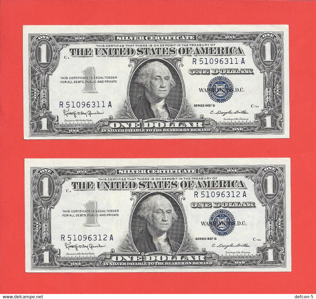 Mega Top-Rarität ! Silver-Certificate-Note: 2x 1 US-Dollar Fortlaufend [1957] > R51096311A - ...13 A < {$053-1SC} - Certificaten Van Zilver (1928-1957)