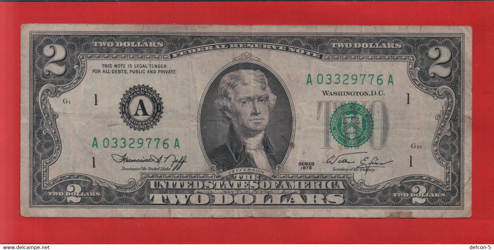 Rarität ! 2 US-Dollar [1976] > A 03329776 A < {$006-002} - National Currency