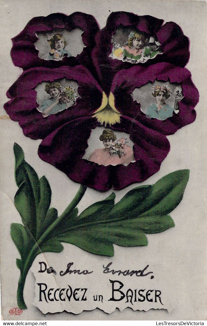 Fleurs - Pensée Violette Avec Multivues D'une Femme Et Petite Fille - Recevez Un Baiser - Carte Postale Ancienne - Blumen