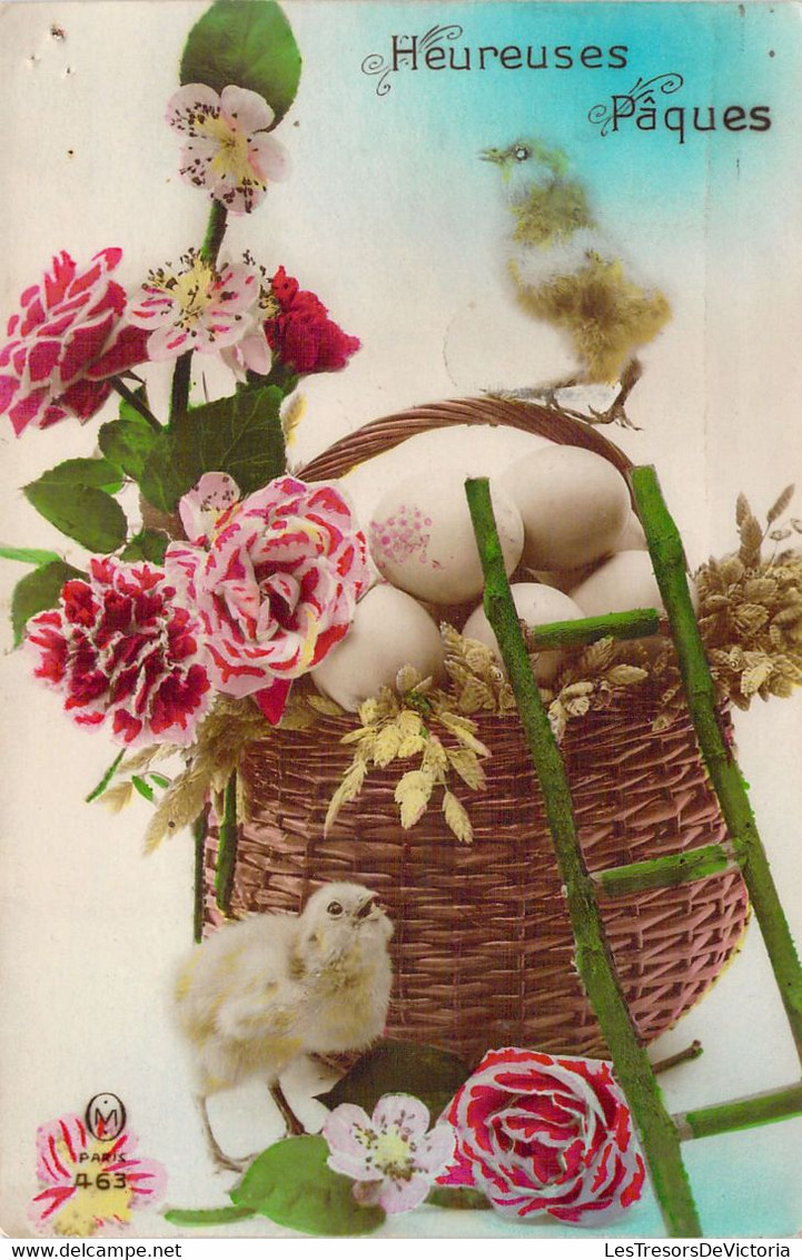 Pâques - Heureuse Pâques - Poussins Et Oeufs Dans Un Panier En Osier Et Fleurs - Carte Postale Ancienne - Easter